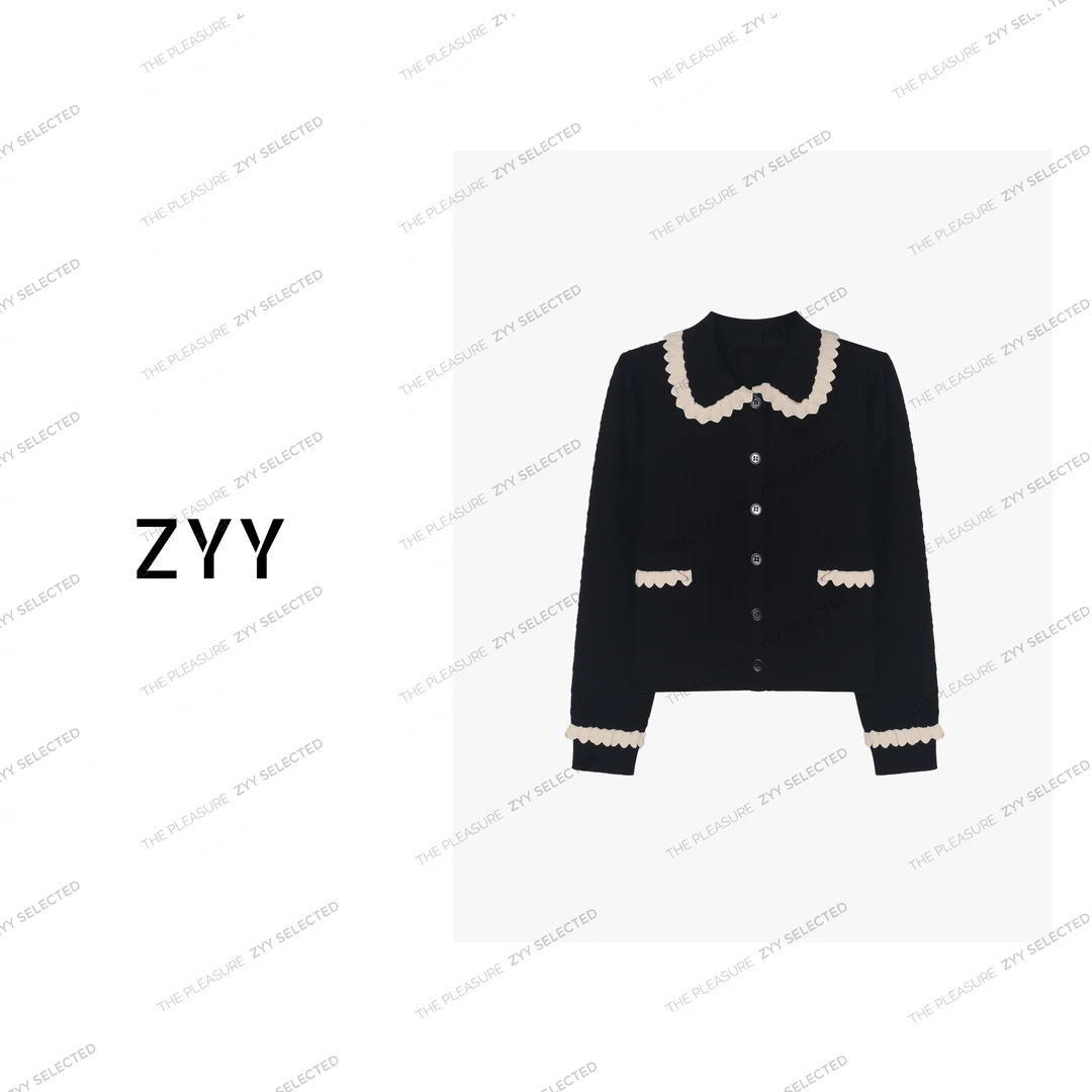 ZYY【冬日情书】2024S/S新品荷叶边撞色翻领毛针织衫女X24DZ1296