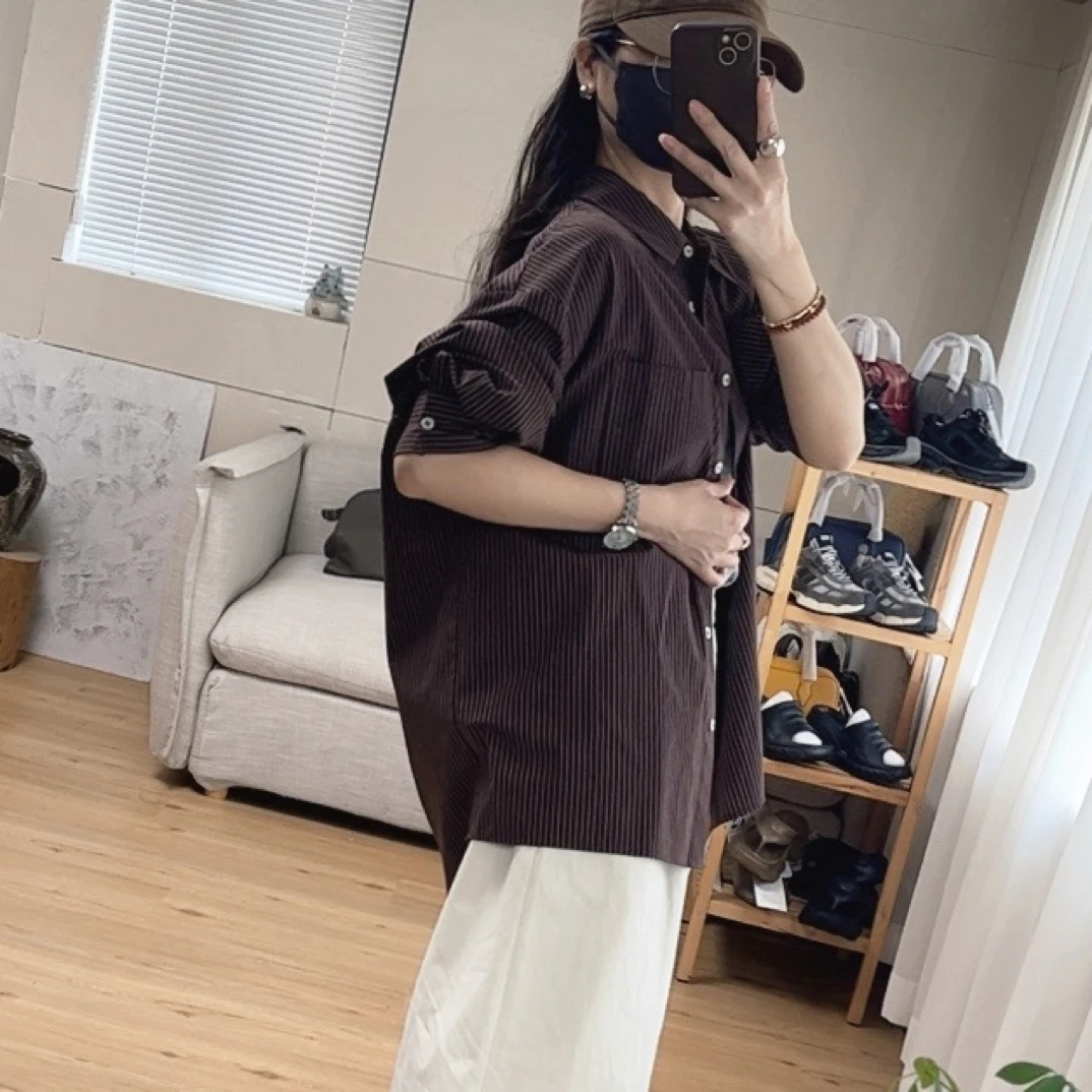 她家现货韩版细条纹气质时尚休闲宽松百搭慵懒秋季口袋衬衫