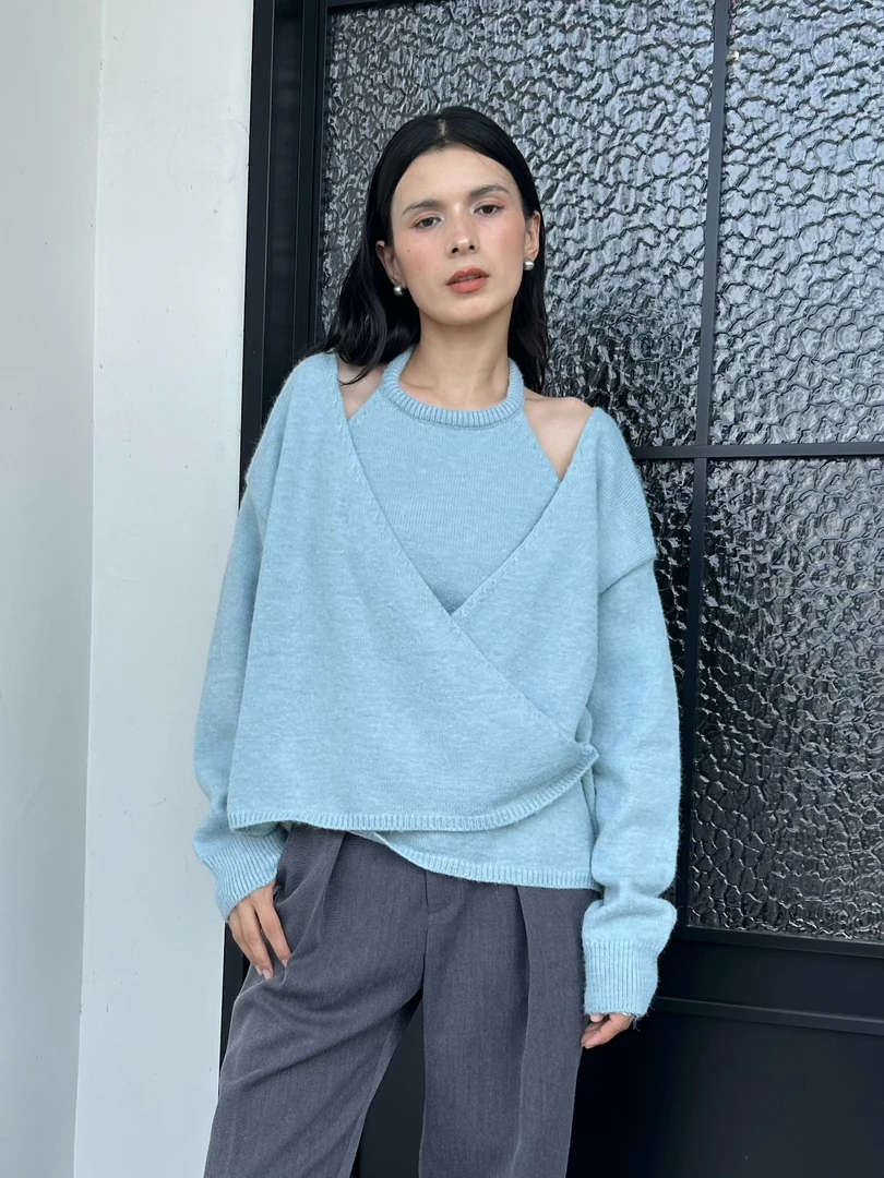 ZC.TenNine 设计感交叉v领不规则针织毛衣挂脖背心两件套