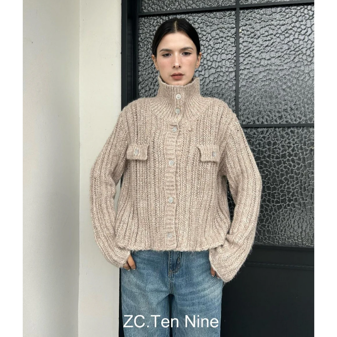 ZC.TenNine 复古慵懒风杏色高领毛衣外套宽松百搭休闲立领针织衫