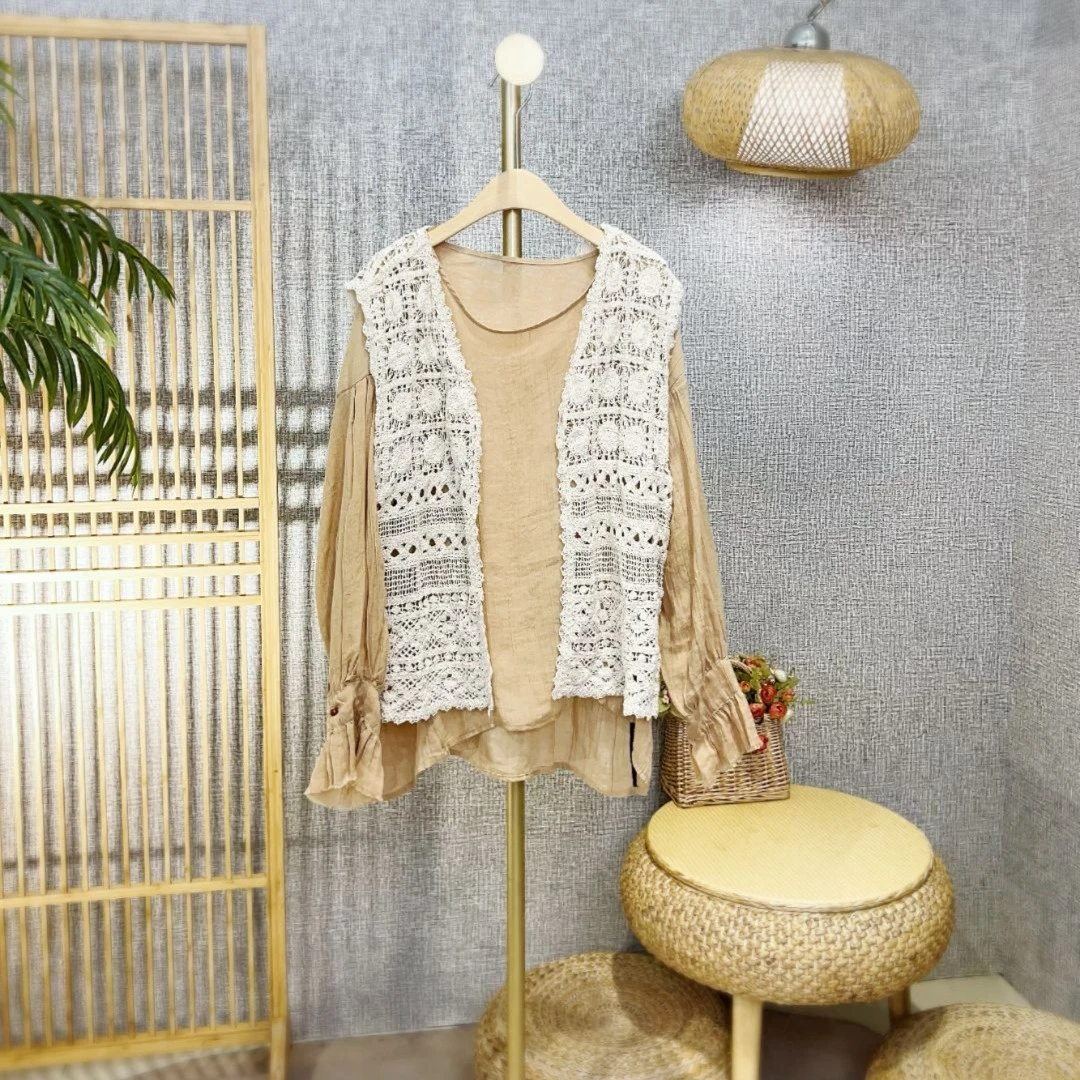（彤露原创）时尚镂空钩花棉针织蕾丝百搭气质女士马甲背心
