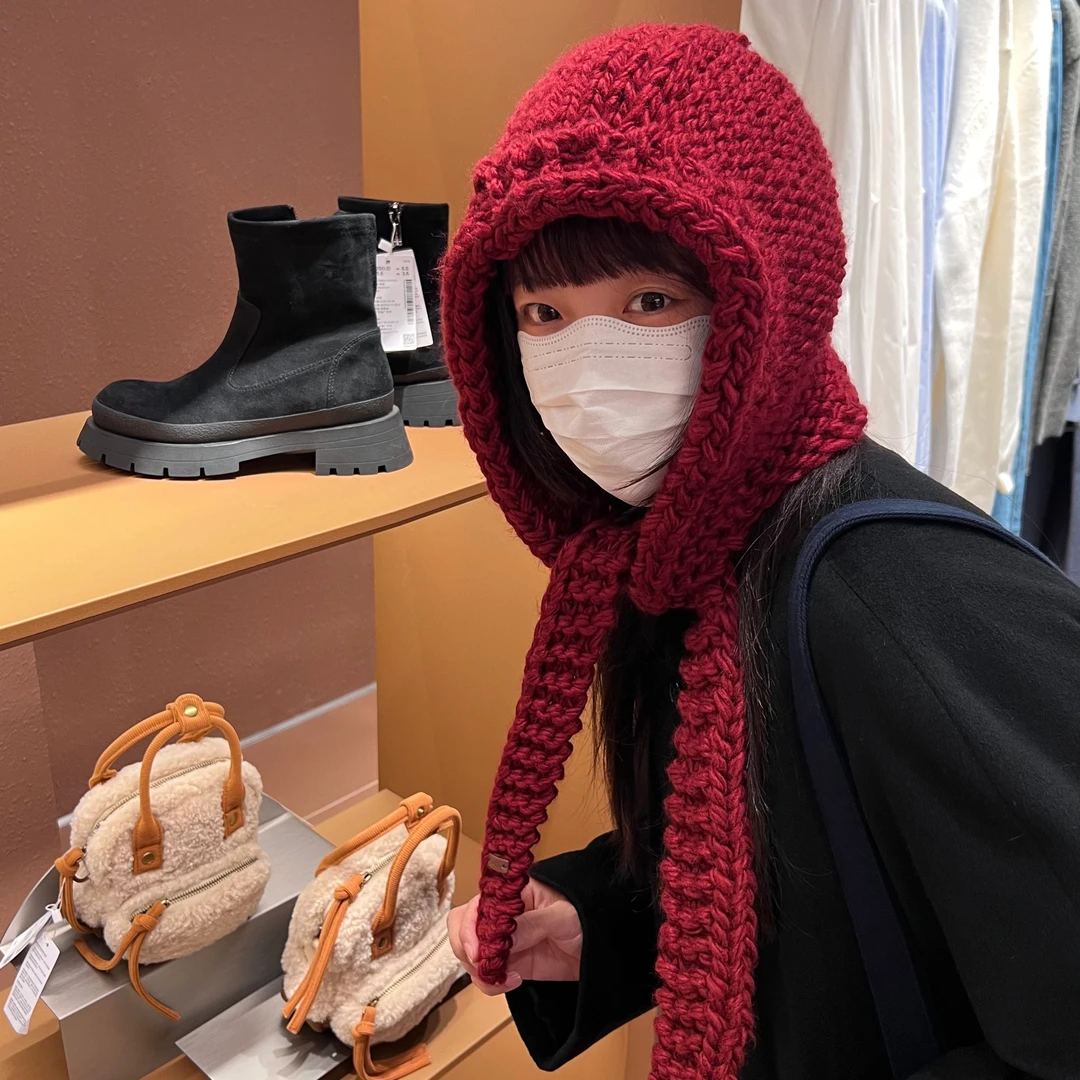 韩国东大门手工粗针织帽子女冬季加厚保暖雷锋帽护耳巴拉克拉法帽