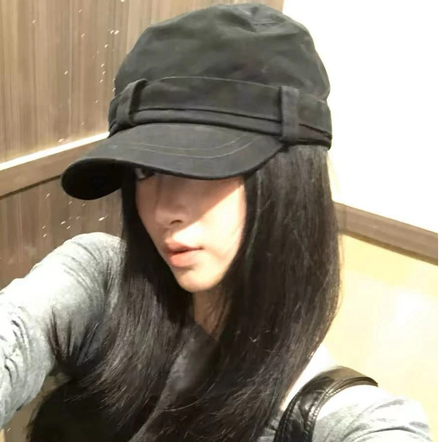 韩系早秋黑色鸭舌帽女复古做旧铆钉平顶帽女画家帽百搭大头