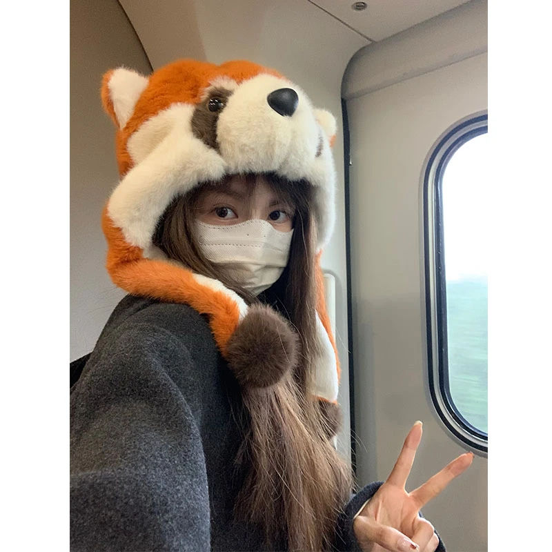 可爱小浣熊毛绒雷锋帽女冬季滑雪保暖防寒护耳套头帽