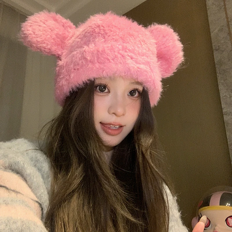 韩版ins毛茸茸~可爱小熊毛绒帽女冬季户外骑车保暖护耳可爱雷锋帽