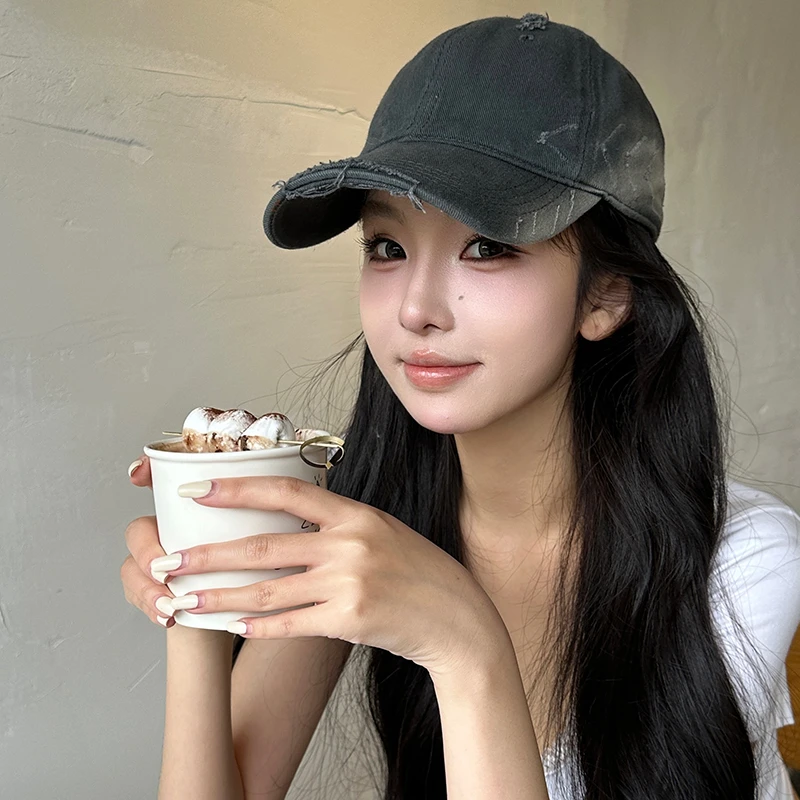 韩版做旧破洞棒球帽女春夏遮阳复古软顶大头围显脸小薄款鸭舌帽子