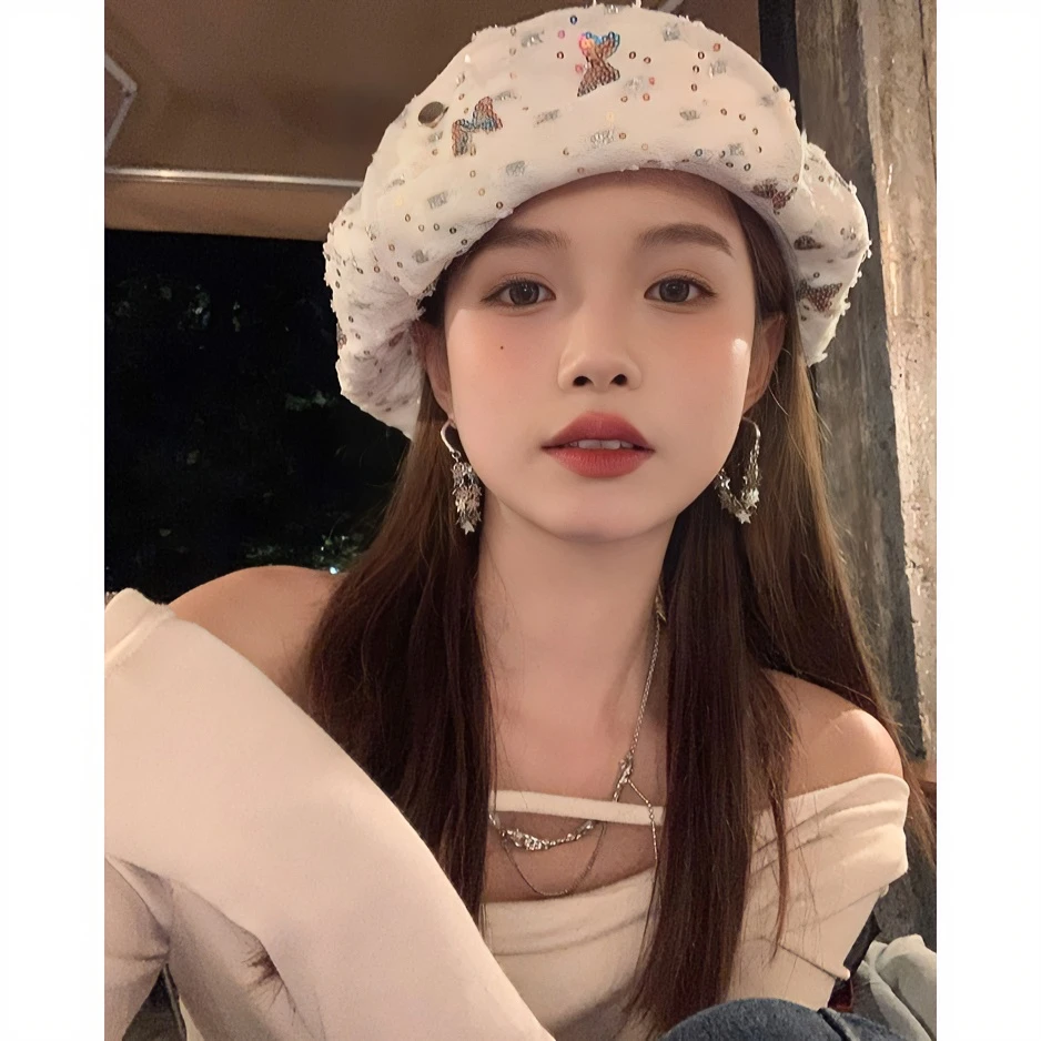 七彩蝴蝶白色云朵贝雷帽日系甜美夏季百搭小众显脸小画家帽