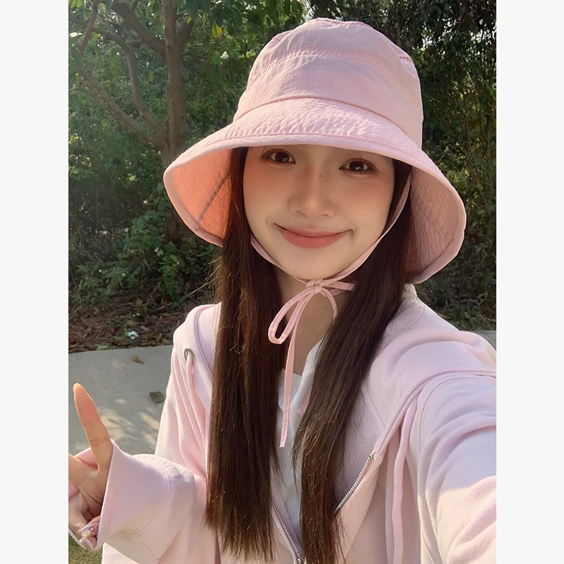 春夏登山帽百搭显脸小太阳帽绑带透气大檐渔夫帽子女大头围遮阳帽