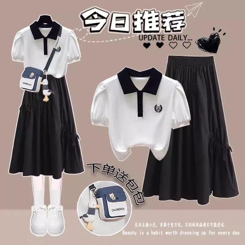 夏季小清新套装女学生韩版学院风泡泡袖Polo领T恤+半身裙两件套潮