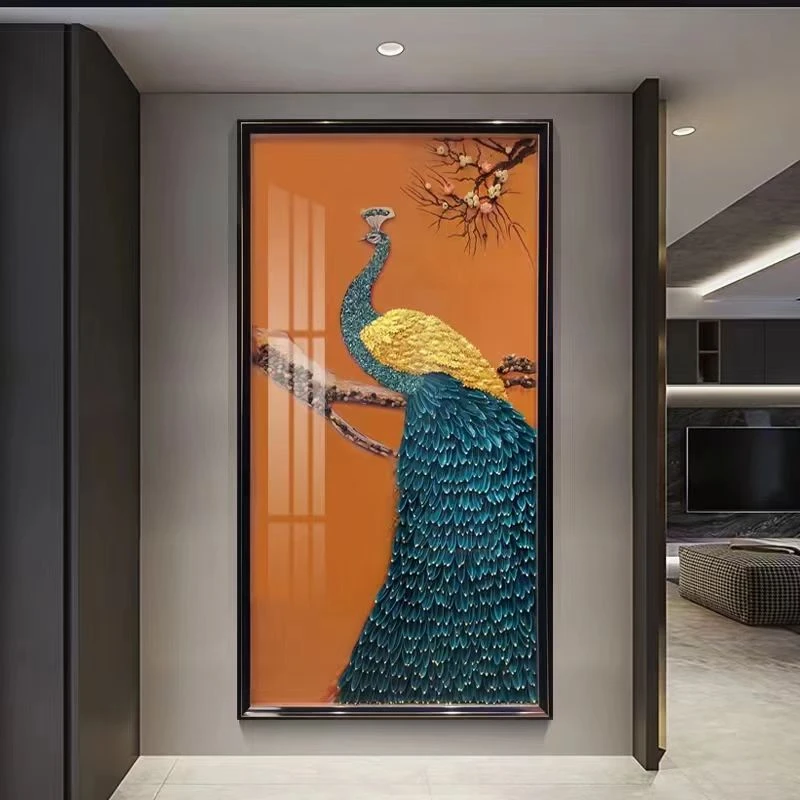 玄关装饰画羽毛富贵孔雀手工立体实物画现代轻奢简约走廊过道挂画