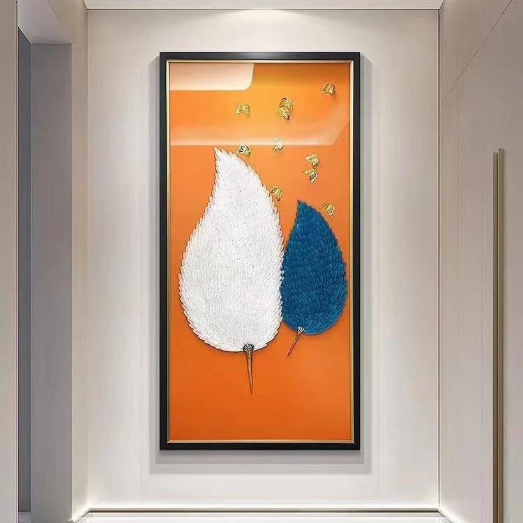 轻奢玄关装饰画竖版立体羽毛挂画寓意好玄幻实物画客厅背景墙画