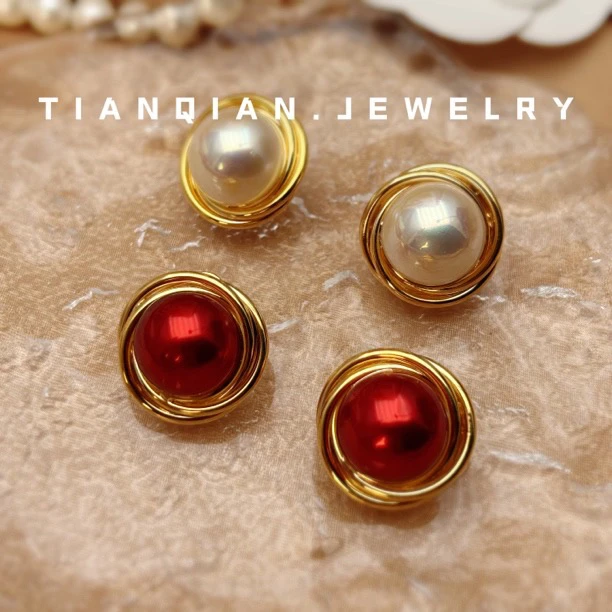 铜合金仿珍珠耳饰 T.Q韩版大气螺旋金属珠珠心动耳钉