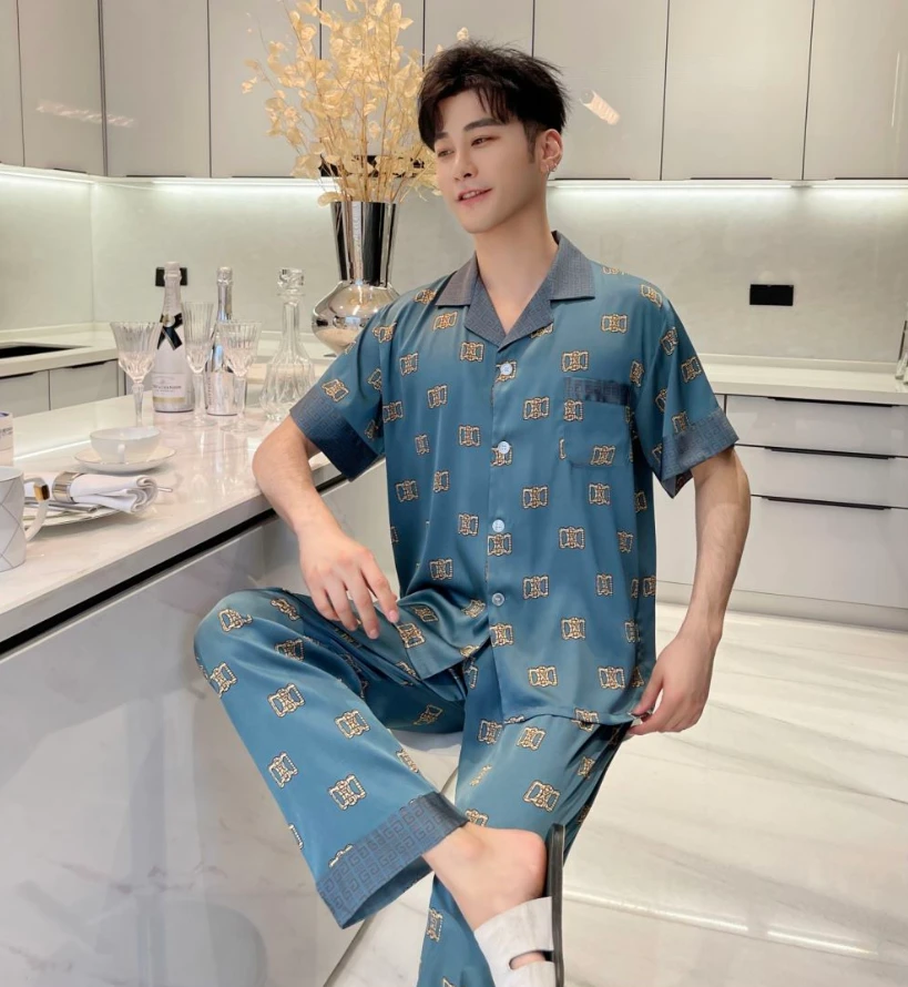 男款薄款宽松冰雪丝字母印花双D字母款家居服