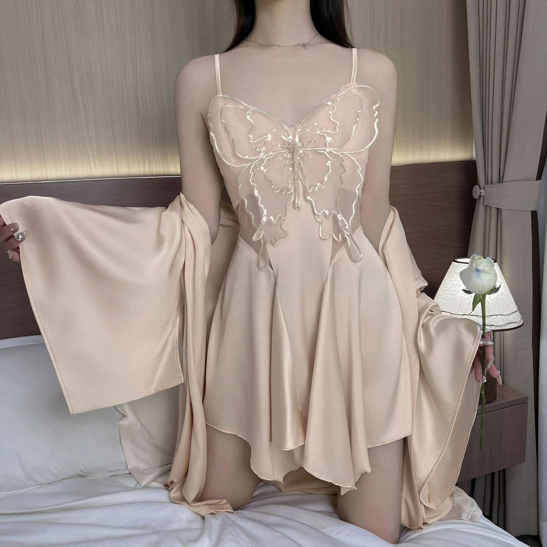 性感低胸聚拢睡裙胸垫网纱透视美背睡衣