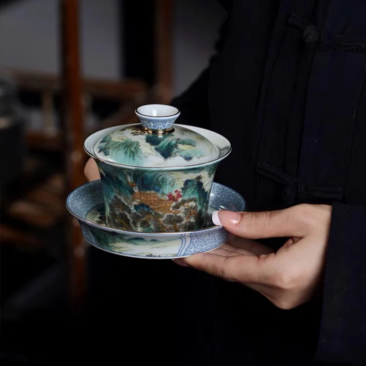 景德镇珐琅彩山水三才盖碗不烫手泡茶碗家用陶瓷功夫茶具