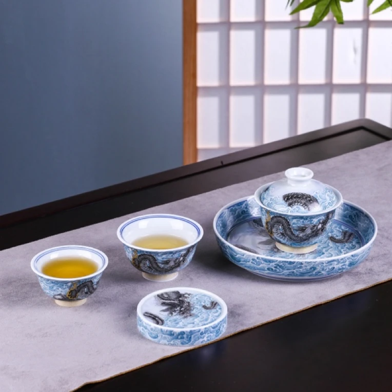 景德镇中式陶瓷墨龙游海茶具茶器中式家用高端五件套礼盒装