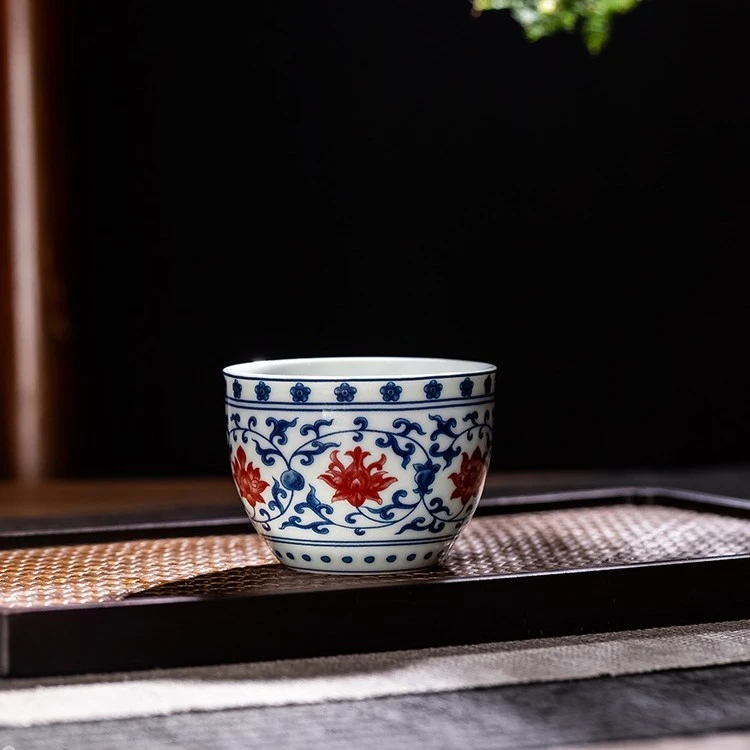景德镇七丞堂青花缠枝莲主人杯客杯品茗杯家用纯手工釉里红客人杯