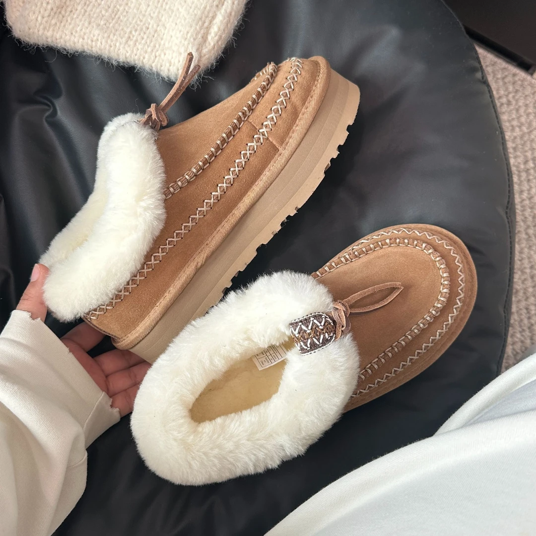 【平口靴阿尔派】雪地靴女短靴浅口皮毛一体民族风流苏懒人鞋一脚蹬