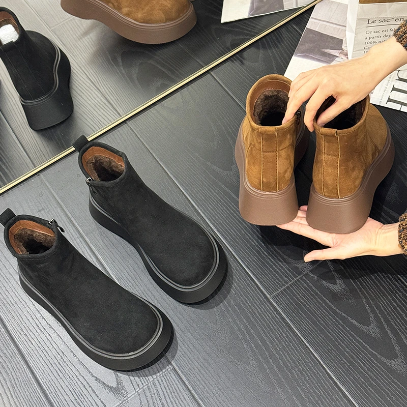 冬季短靴厚底勃肯靴子复古英伦风秋冬圆头时尚百搭高帮女鞋小个子