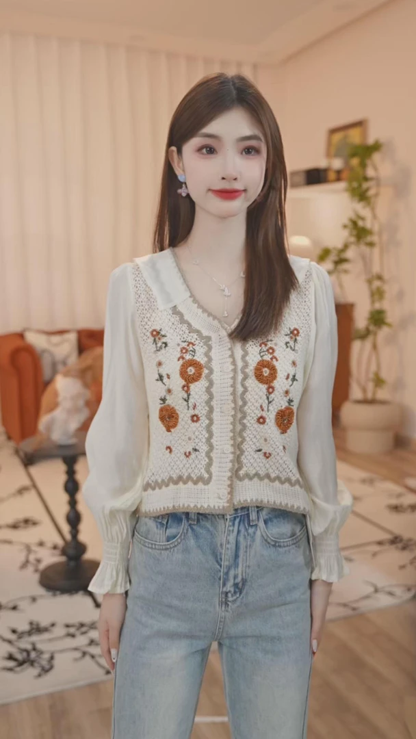 两三事香气新枝2024新款森女风拼接款立体装饰绣花毛衣开衫女