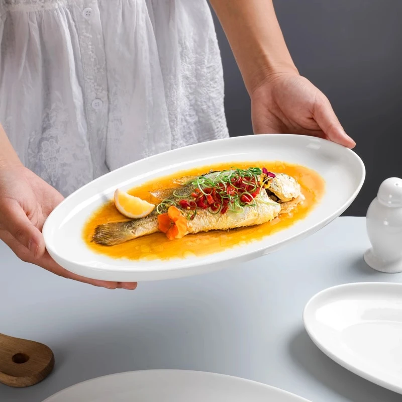 鱼盘家用蒸鱼盘子陶瓷日式高颜值菜盘轻奢骨瓷创意高颜值椭圆鱼盘