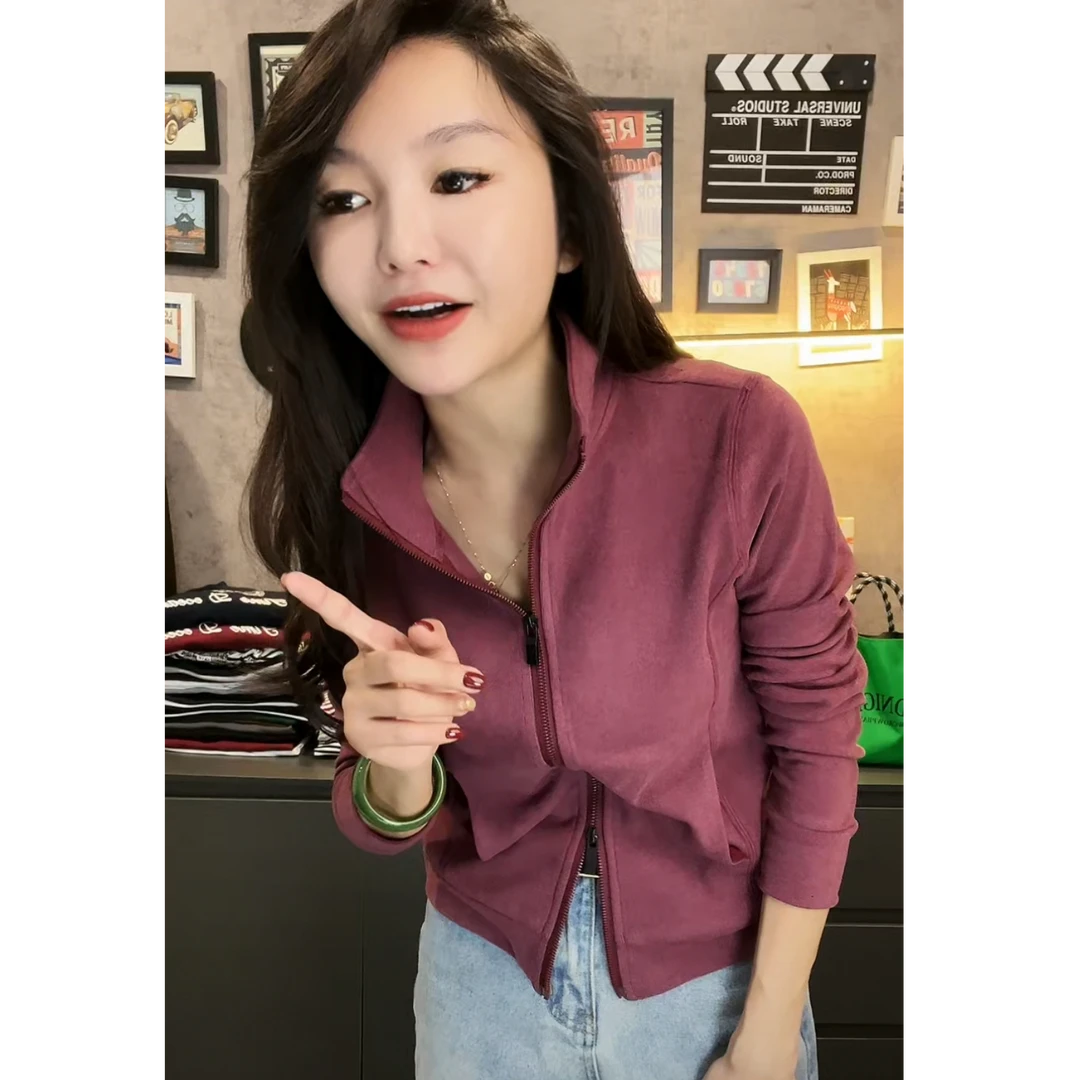 双面德绒外套2025春季新款柔软亲肤修身显瘦立领开衫显瘦上衣