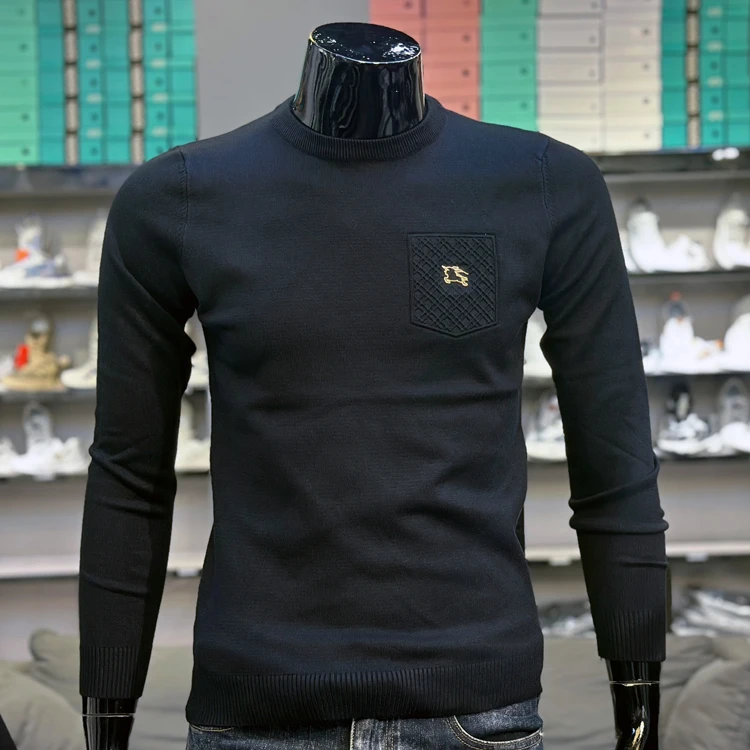 2024新款轻奢秋冬小版型毛衣男士圆领打底小标内搭针织衫套头修身