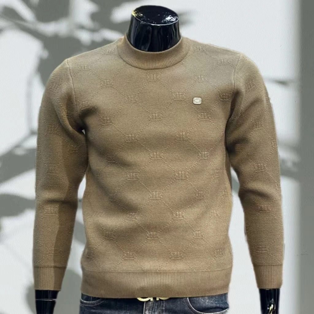 冬季菱形格纹加厚套头毛衣半高领打底衫字母小标针织衫保暖长袖男