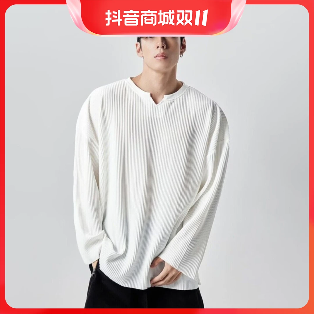【小扬哥精选】秋冬季V领褶皱宽松长袖男纯色垂感运动休闲百搭T恤