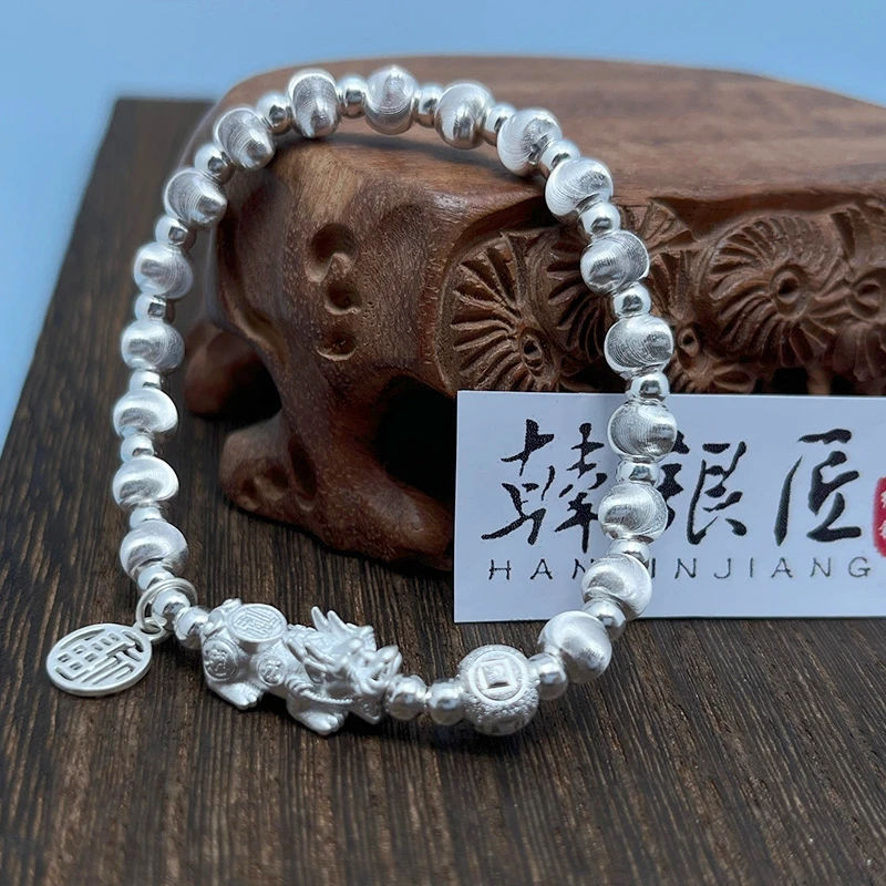 足银手链 纯银DIY貔貅福牌拉丝转运珠手链手工女款手链 珠卡6N4N