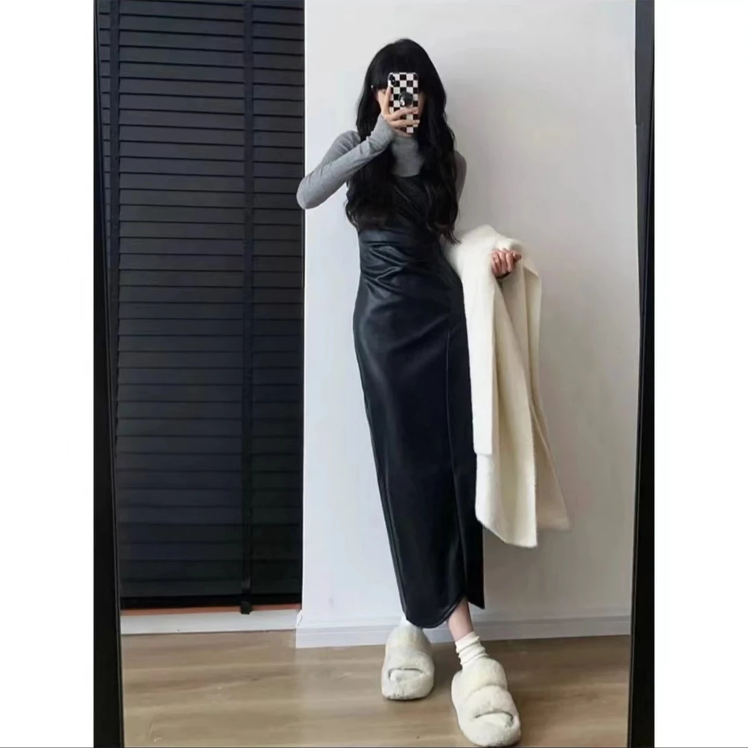 2023冬款配大衣收腰气质内搭长裙高级感皮裙俩件套#8909