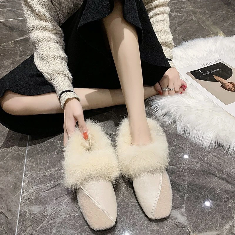 红蜻蜓牌网红毛毛鞋女软底2023新款秋冬百搭平底一脚蹬棉鞋方头加