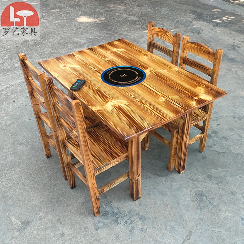 火锅桌电磁炉一体商用火锅店烧烤店桌椅炭烧实木长方桌带板凳组合