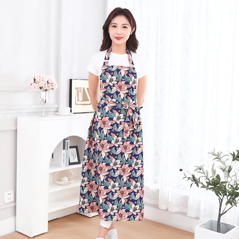 围裙碎花时尚薄款家用防污透气防晒冰丝宽松特长连衣裙式加长绑带