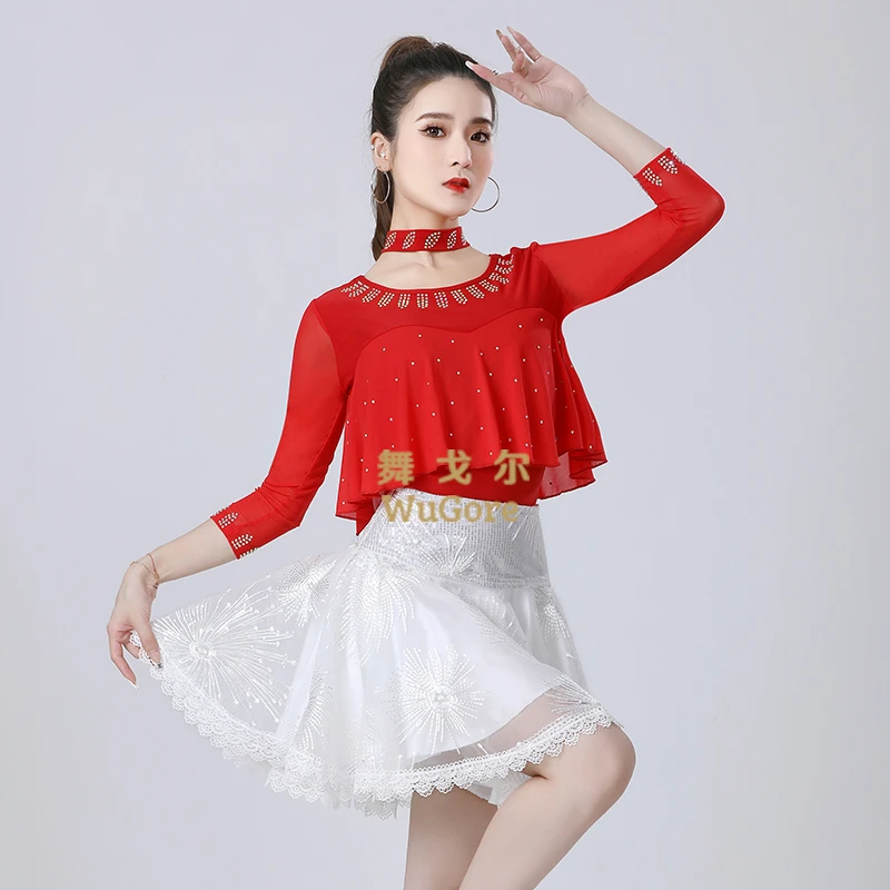 女士摩登舞上衣假两件修身显瘦国标舞蹈服装成人交谊舞长袖拉丁舞