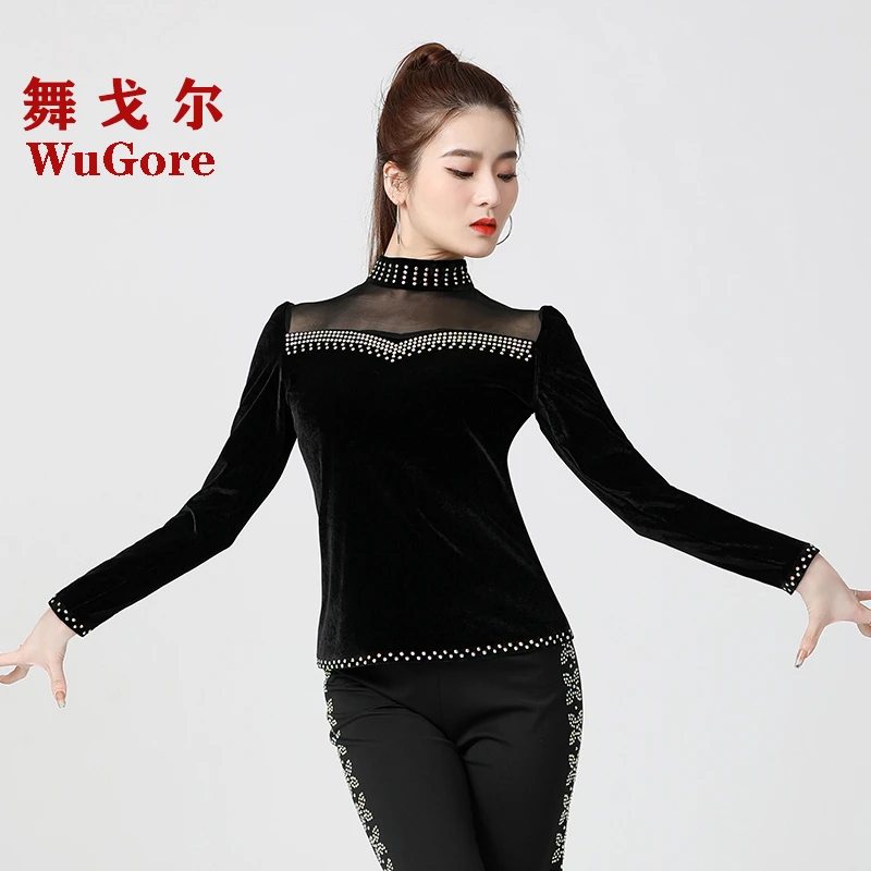 秋冬金丝绒吉特巴广场舞拉丁舞上衣女时尚摩登高领三步踩长袖保暖