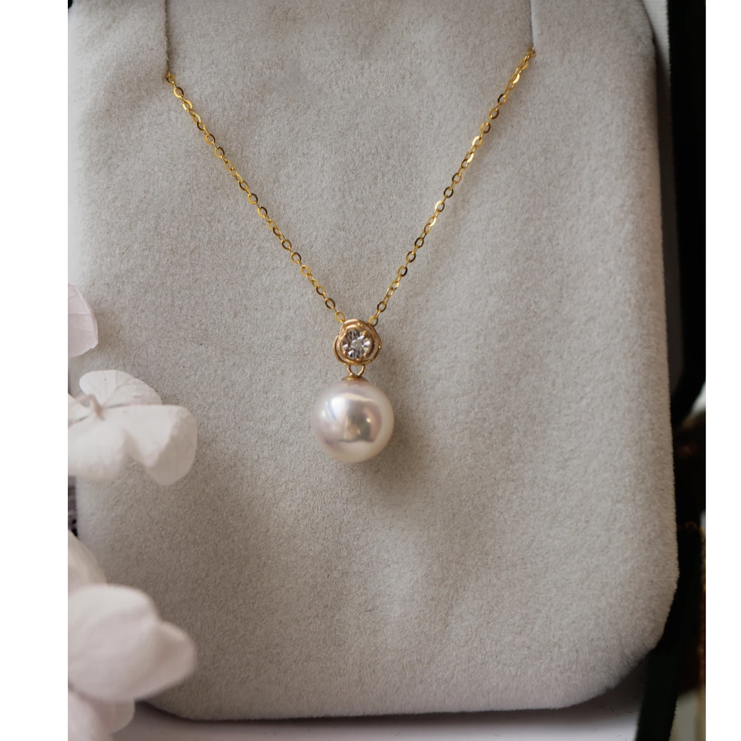 T 稀缺熊猫点位极光海水akoya珍珠吊坠/天女级9-10mm/18K钻石扣