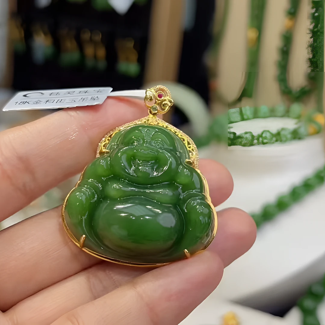 【钰灵珠宝】设计款天然和田玉绿佛公吊坠 18k金镶嵌 精致轻奢