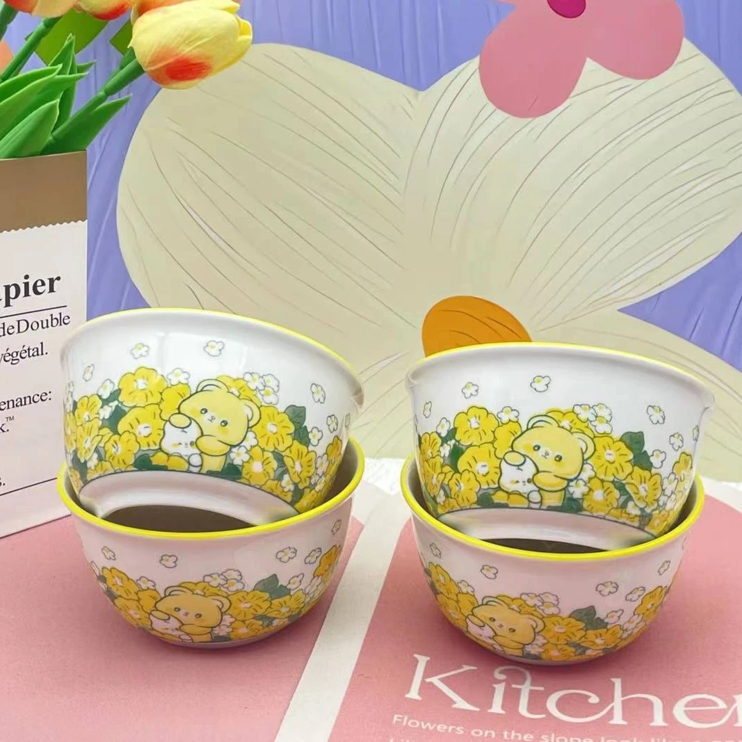 釉下彩【拍1发4】陶瓷 4.5英寸卡通花中熊米饭碗餐具釉下彩