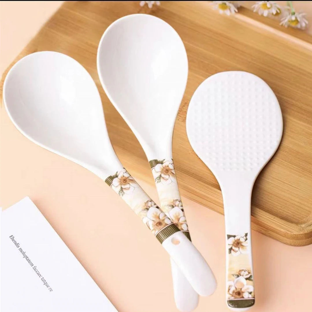 3件套【2大汤勺+1饭勺】陶瓷山茶花打饭大号大勺子盛饭勺稀饭勺粥勺