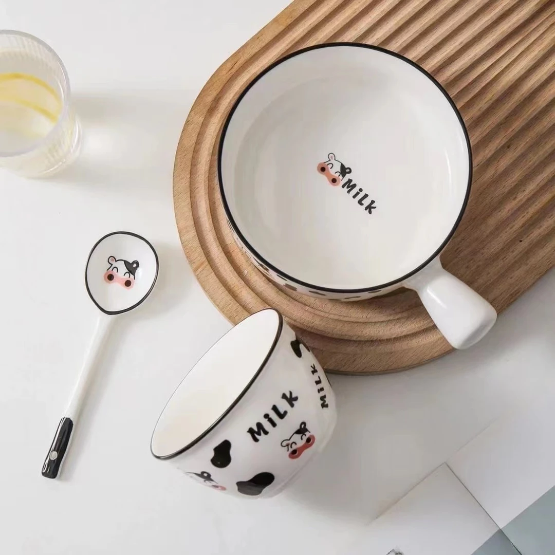 三件套奶牛ins饭碗泡面手柄碗勺子学生宿舍家用釉下彩陶瓷高颜值