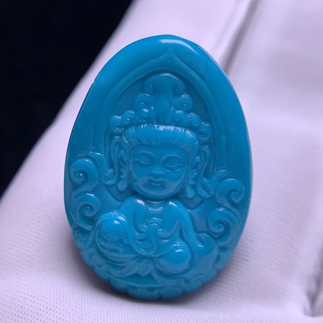 原矿高瓷精品绿松石宝宝观音吊坠雕件蓝色手工精雕复古高端男士
