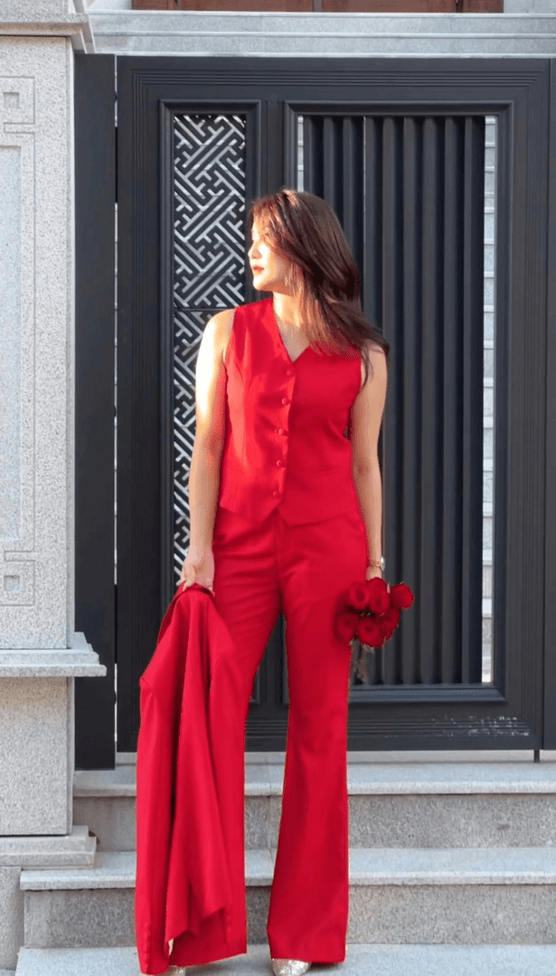 秋季长袖红色三件套性感夏季走秀修身结婚显瘦