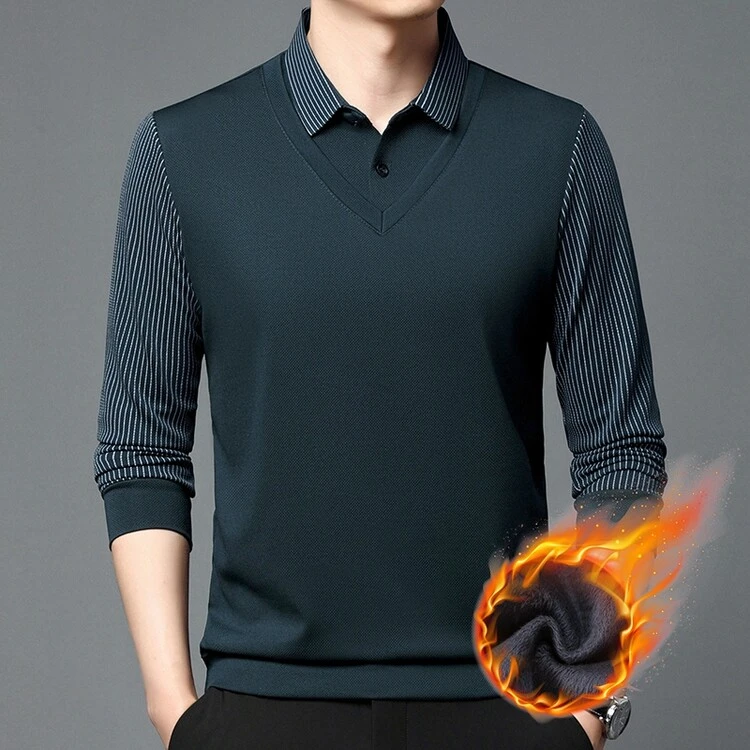 2024冬季男士长袖t恤加绒加厚翻领假两件polo衫打底爸爸装