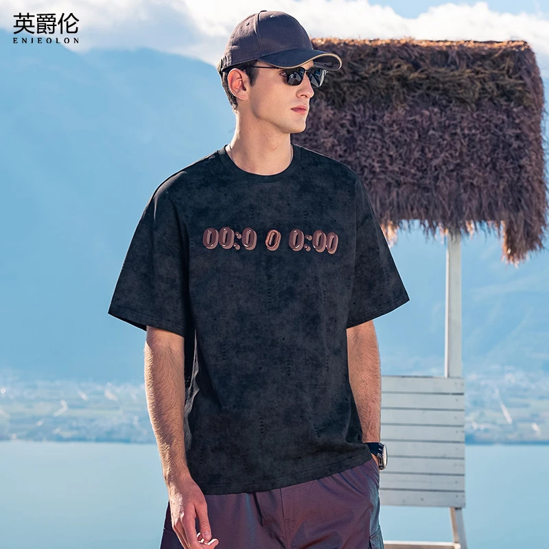 美式扎染宽松短袖t恤男夏季潮牌复古廓形字母五分袖体恤衫T9422