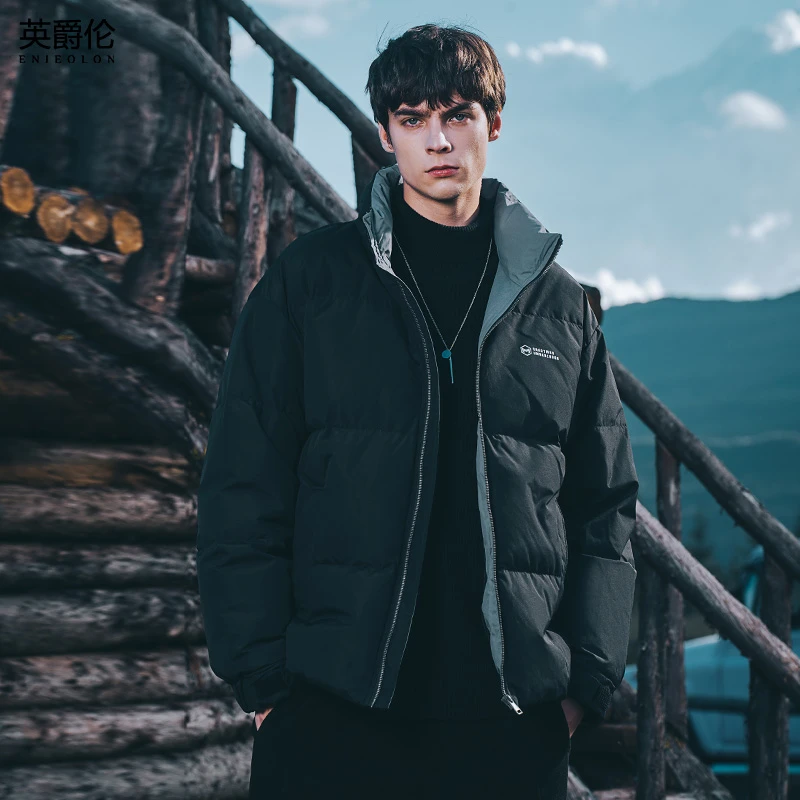 冬季加厚保暖白鸭绒羽绒服 潮牌男生撞色立领无帽防寒外套YR4042