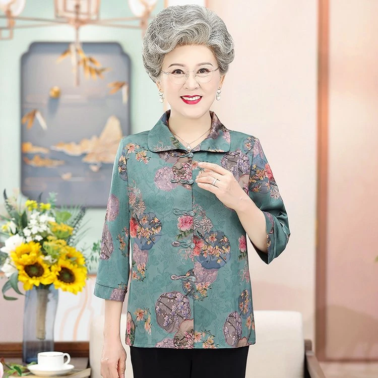 中老年女装妈妈装老年人老人薄款时尚中年凉快中袖奶奶装盘扣大码