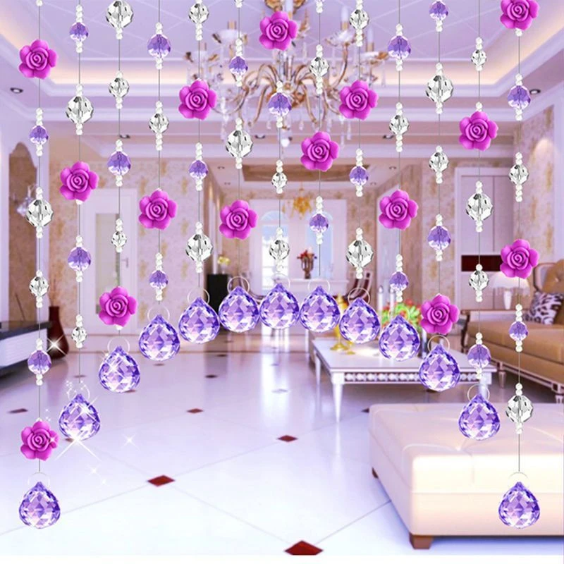 新款玫瑰花门帘水晶珠帘过道卧室隔断门帘客厅拱形帘免打孔