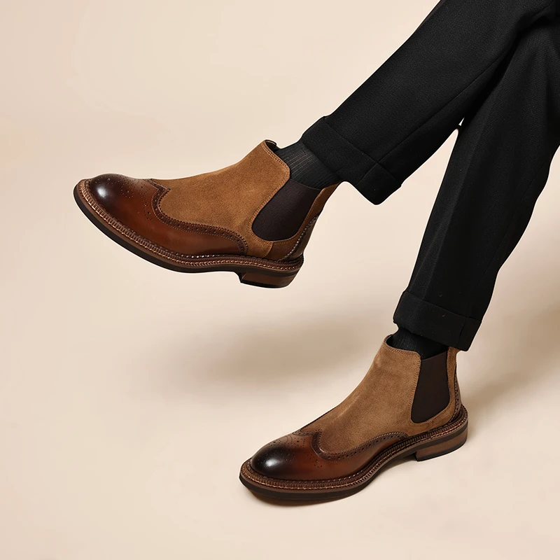 真皮切尔西皮靴加绒男短靴布洛克雕花马丁靴牛仔男靴高帮皮靴潮鞋