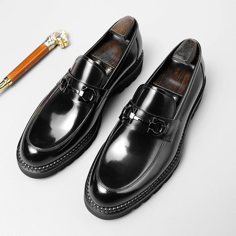 春季新款男士商务休闲皮鞋一脚蹬懒人鞋厚底男单鞋真皮乐福鞋百搭